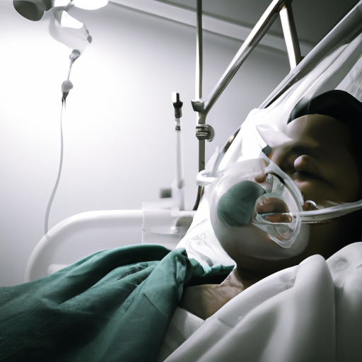 תמונה של אדם במיטת בית חולים עם מסיכת חמצן על פניו.