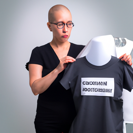 אשת עסקים נראית מודאגת תוך כדי בחינת חולצת טריקו מודפסת, המסמלת את האתגרים בתעשייה.